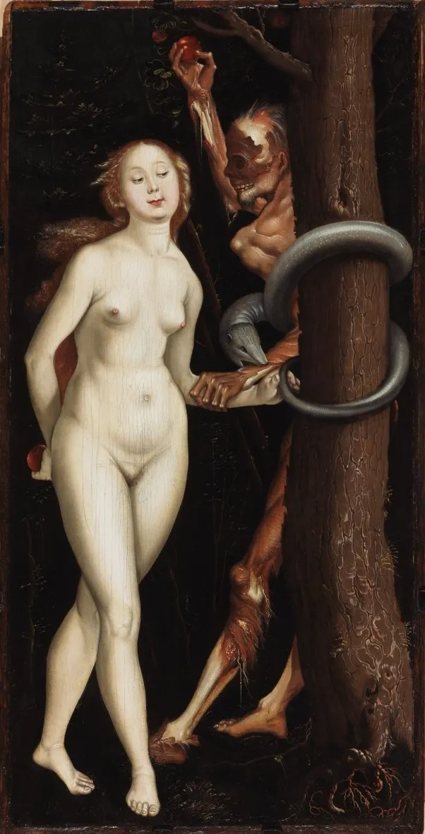 Eve, the Serpent and Death (1510) by Hans Baldung Grien — original painting reproduced as a hand-painted oil on canvas