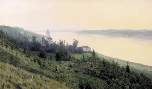 Evening. Golden Plyos (1889) by Isaac Levitan — original painting reproduced as a hand-painted oil on canvas