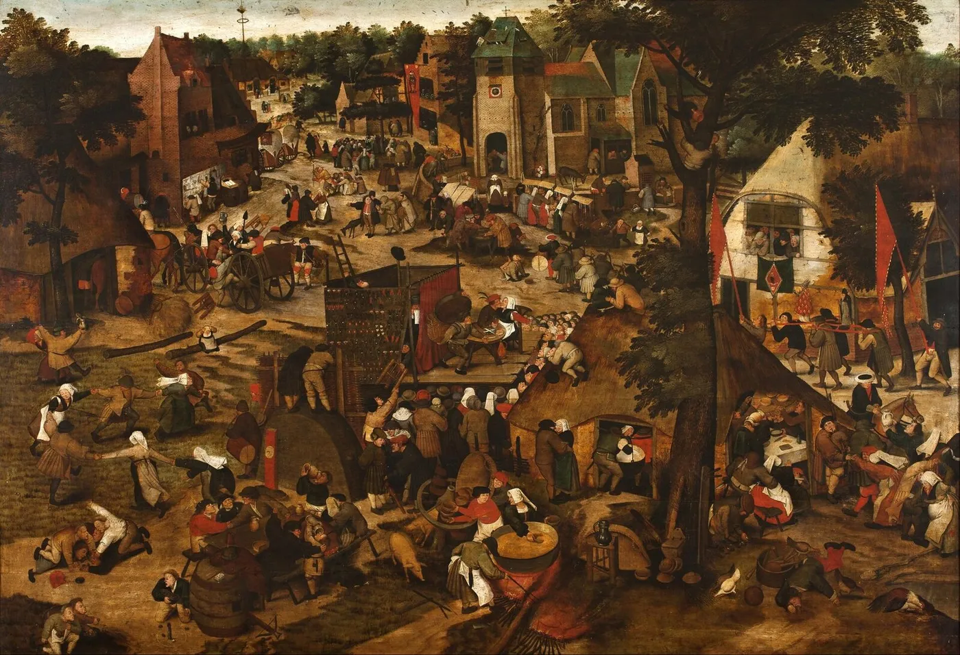 Fair with a Theatrical Presentation (1600) by Pieter Brueghel the Younger — original painting reproduced as a hand-painted oil on canvas