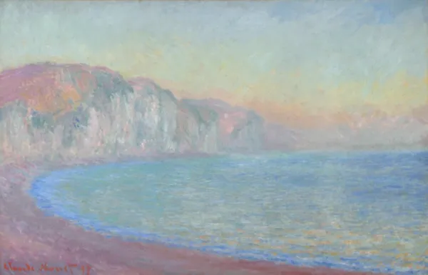 Falaises à Pourville, soleil levant (1897) by Claude Monet — original painting reproduced as a hand-painted oil on canvas