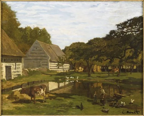 Farm Courtyard in Normandy (1863) by Claude Monet — original painting reproduced as a hand-painted oil on canvas