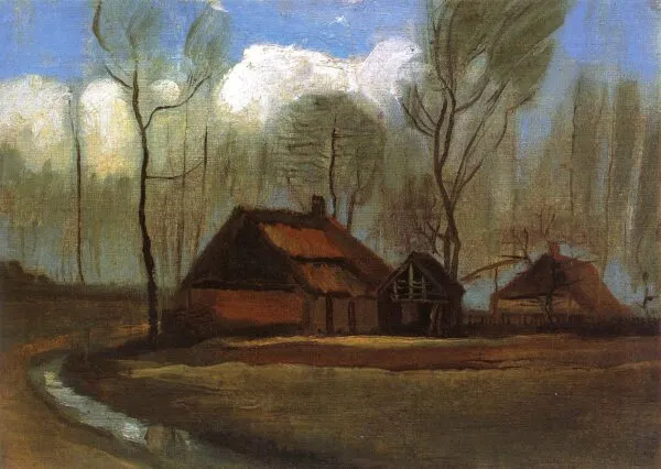 Farmhouse Among Trees (1883) by Vincent van Gogh — original painting reproduced as a hand-painted oil on canvas