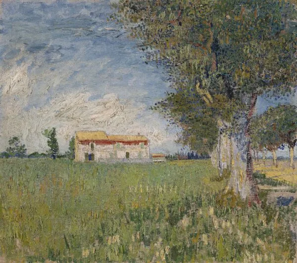 Farmhouse in a wheat field (1888) by Vincent van Gogh — original painting reproduced as a hand-painted oil on canvas