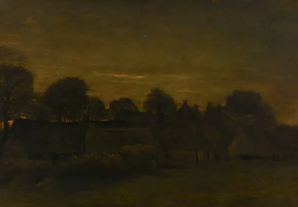 Farming Village at Twilight (1884) by Vincent van Gogh — original painting reproduced as a hand-painted oil on canvas