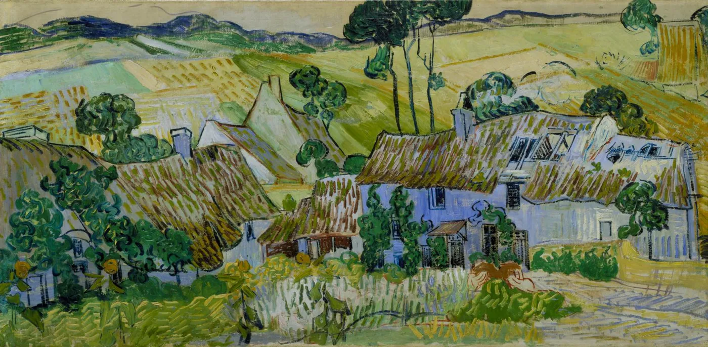 Farms near Auvers (1890) by Vincent van Gogh — original painting reproduced as a hand-painted oil on canvas