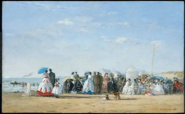 Fashionable Figures on the Beach (1865) by Eugène Louis Boudin — original painting reproduced as a hand-painted oil on canvas