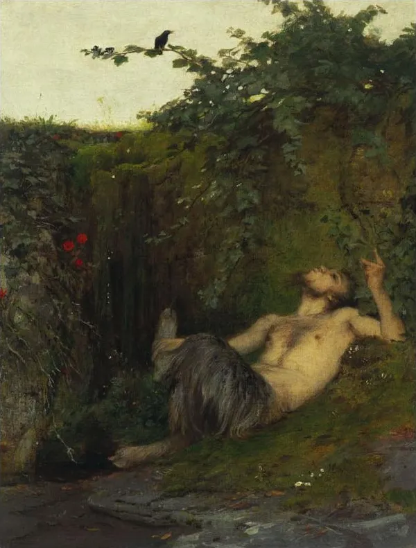 Faun whistling to a Blackbird (1863) by Arnold Böcklin — original painting reproduced as a hand-painted oil on canvas