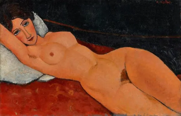 Female Nude Reclining on a Pillow (1917) by Amedeo Modigliani — original painting reproduced as a hand-painted oil on canvas