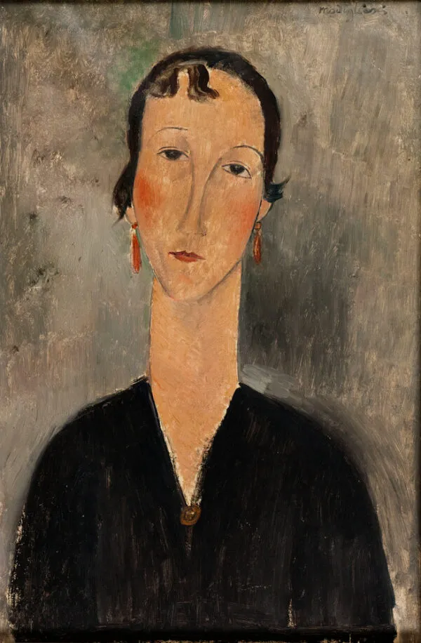 Femme aux boucles d'oreilles (1917) by Amedeo Modigliani — original painting reproduced as a hand-painted oil on canvas