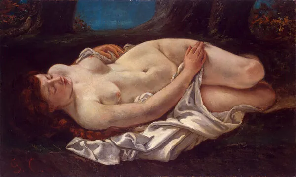 Femme couchée (1860) by Gustave Courbet — original painting reproduced as a hand-painted oil on canvas