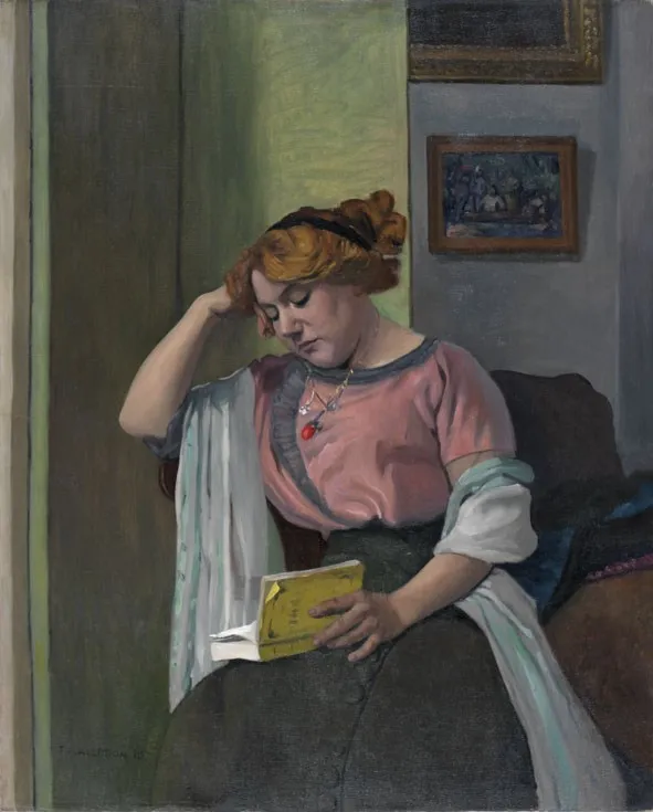 Femme lisant dans un intérieur (1910) by Félix Vallotton — original painting reproduced as a hand-painted oil on canvas