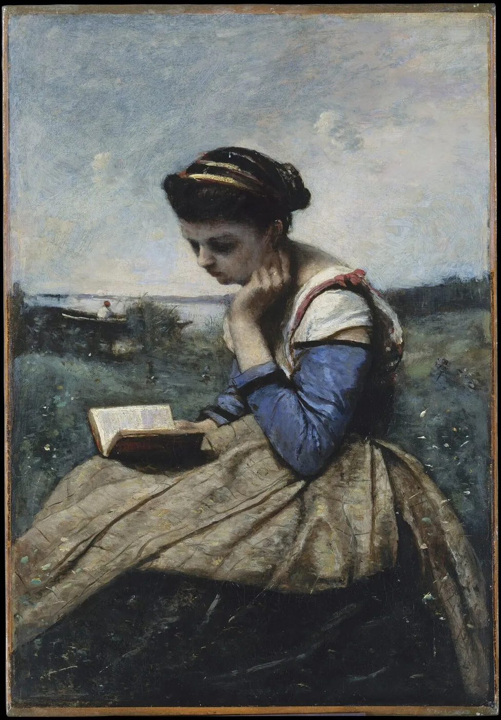 Femme Lisant (1869) by Jean-Baptiste Camille Corot — original painting reproduced as a hand-painted oil on canvas