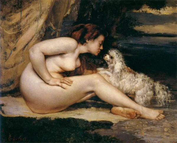 Femme nue au chien (1861) by Gustave Courbet — original painting reproduced as a hand-painted oil on canvas