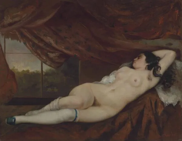 Femme nue couchée (1862) by Gustave Courbet — original painting reproduced as a hand-painted oil on canvas