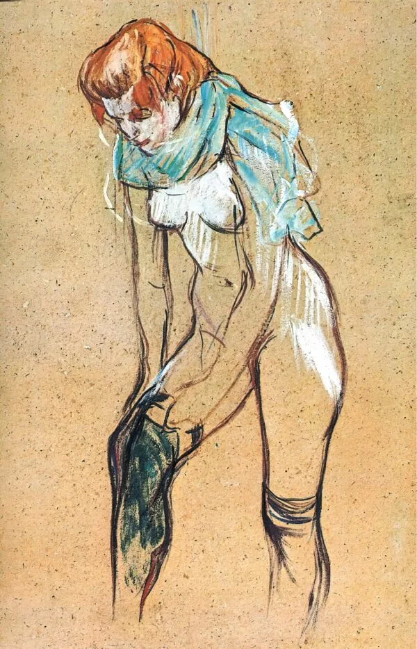 Femme qui tire son bas (1894) by Henri de Toulouse-Lautrec — original painting reproduced as a hand-painted oil on canvas