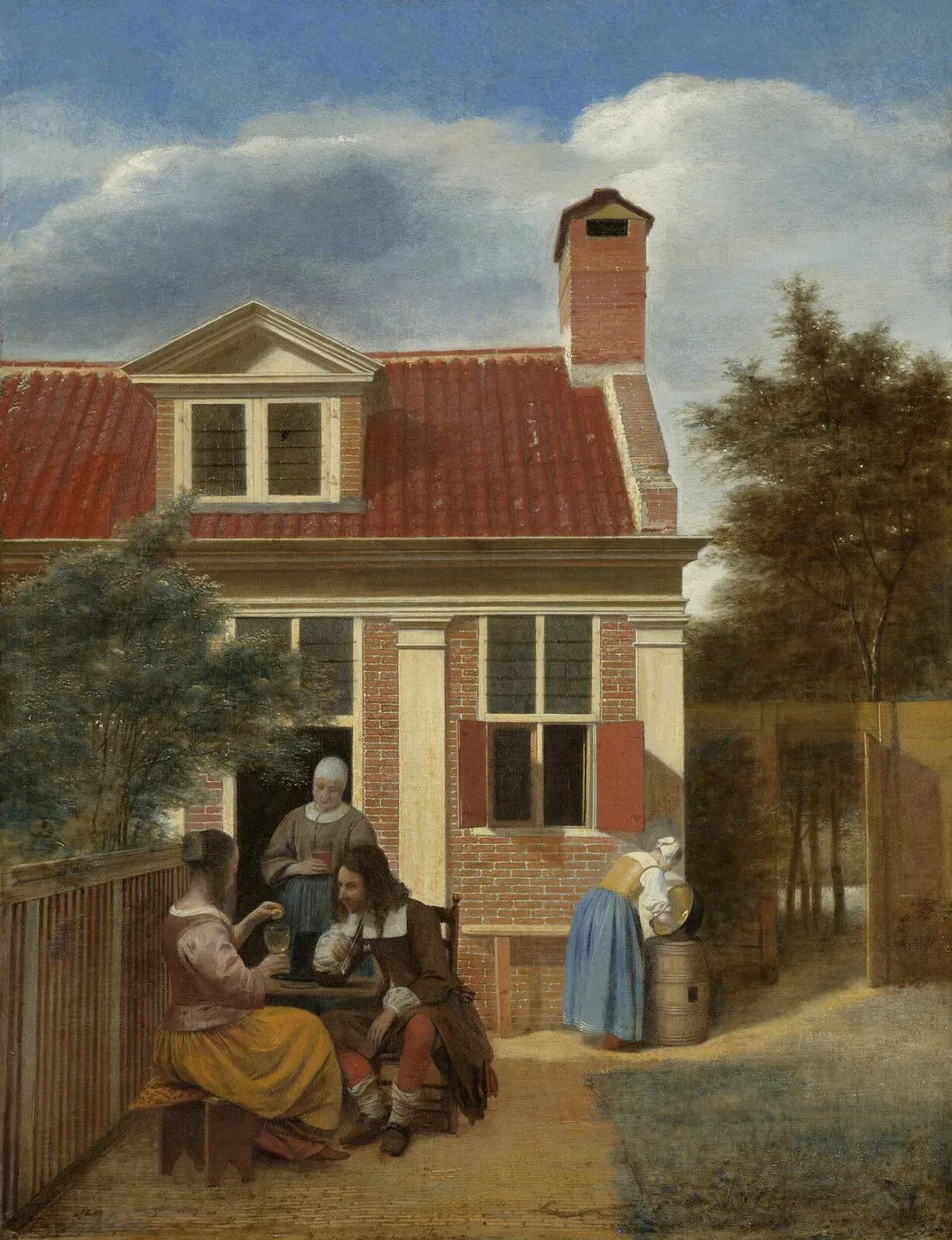 Figures in a Courtyard behind a House (1663) by Pieter de Hooch — original painting reproduced as a hand-painted oil on canvas