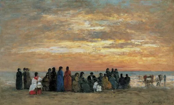 Figures on the Beach in Trouville (1869) by Eugène Louis Boudin — original painting reproduced as a hand-painted oil on canvas