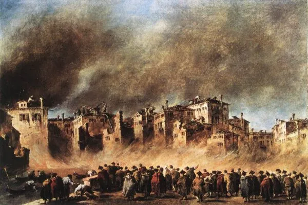 Fire in the Oil Depot at San Marcuola (1790) by Francesco Guardi — original painting reproduced as a hand-painted oil on canvas