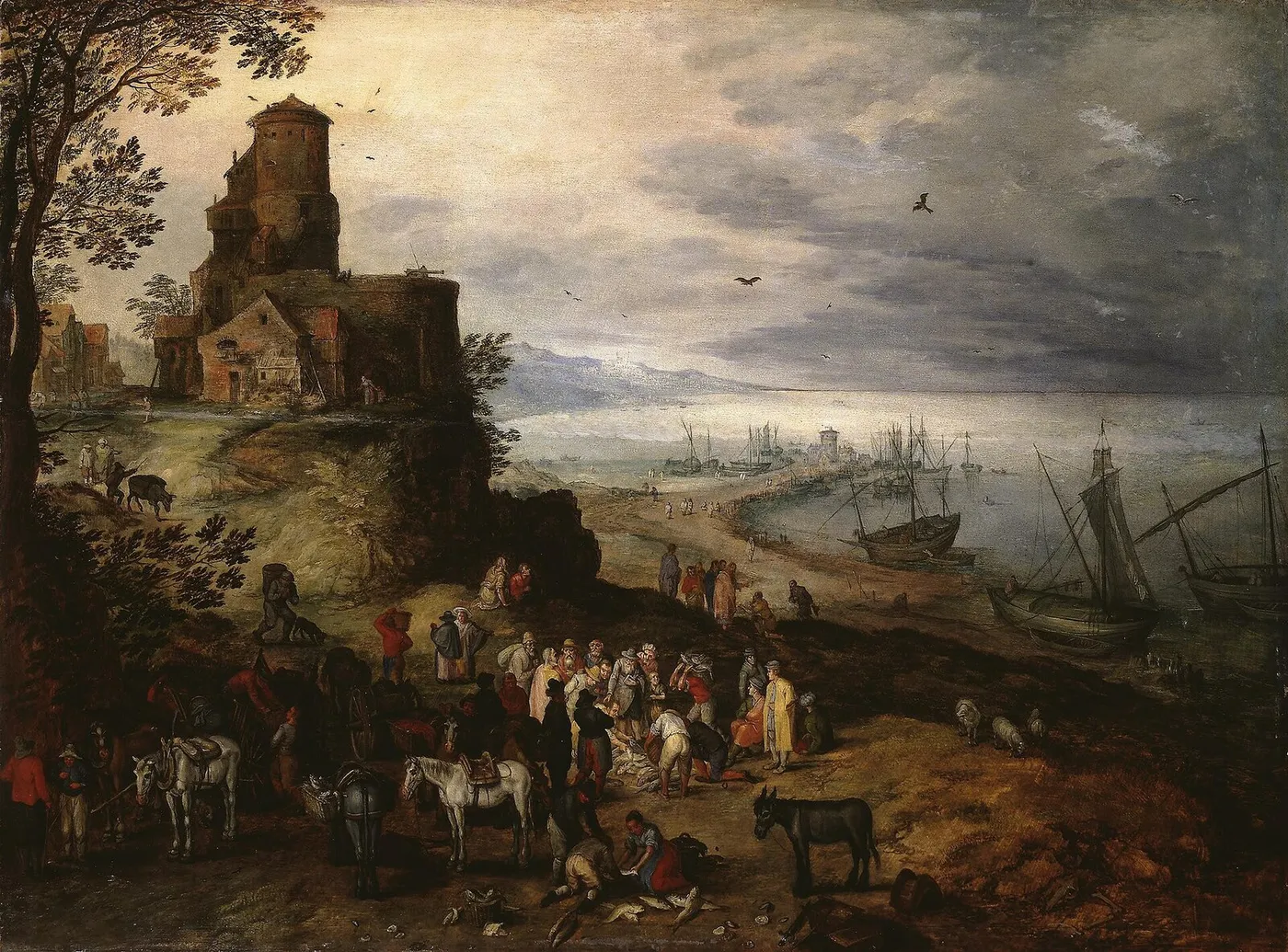 Fish Market (Calling the Apostles Peter and Andrew) (1608) by Jan Brueghel the Elder — original painting reproduced as a hand-painted oil on canvas