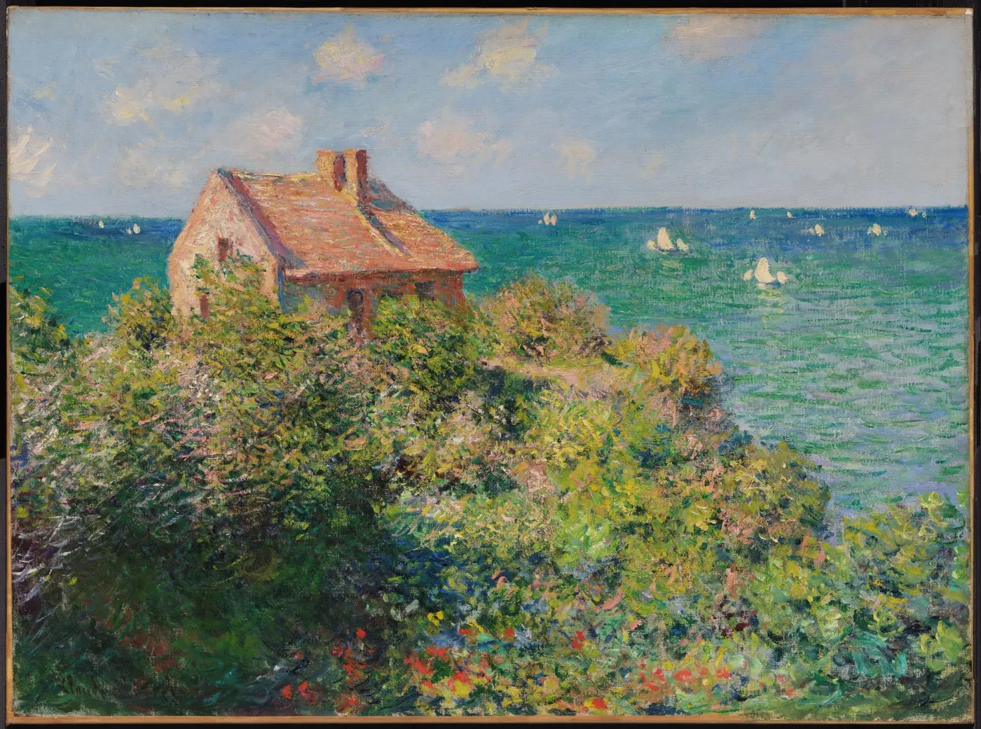 Fisherman's Cottage on the Cliffs at Varengeville (1882) by Claude Monet — original painting reproduced as a hand-painted oil on canvas