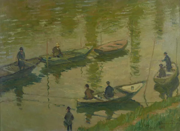 Fishermen in Poissy (1882) by Claude Monet — original painting reproduced as a hand-painted oil on canvas