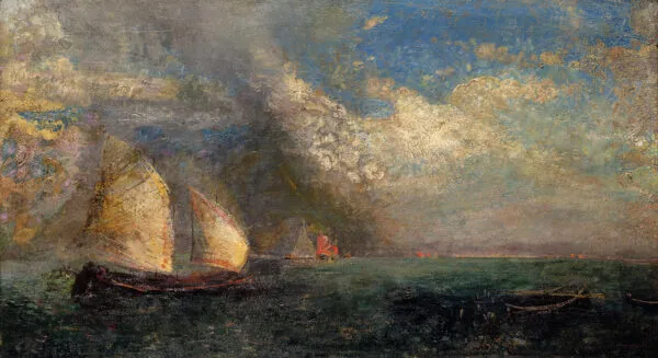 Fishing Boats: Memory of Venice (1908) by Odilon Redon — original painting reproduced as a hand-painted oil on canvas