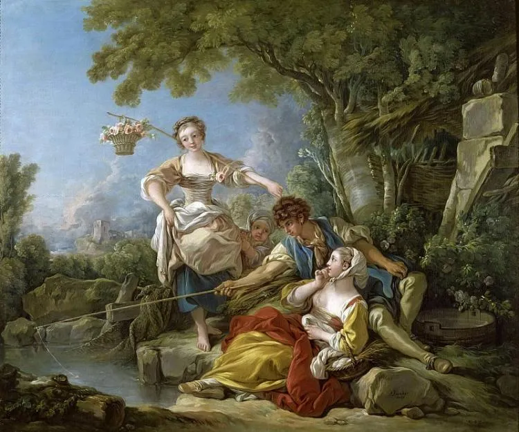 Fishing (1767) by François Boucher — original painting reproduced as a hand-painted oil on canvas