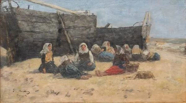 Fishwomen Seated on the Beach at Berck (1876) by Eugène Louis Boudin — original painting reproduced as a hand-painted oil on canvas