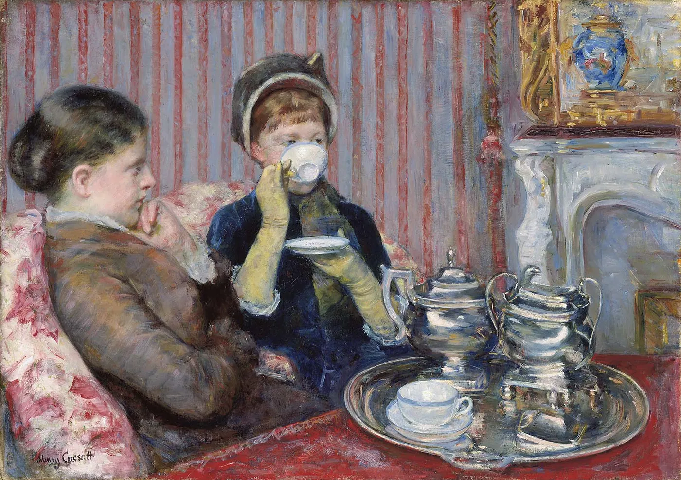 Five O'Clock Tea (1880) by Mary Cassatt — original painting reproduced as a hand-painted oil on canvas
