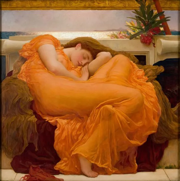 Flaming June (1895) by Frederic Leighton — original painting reproduced as a hand-painted oil on canvas