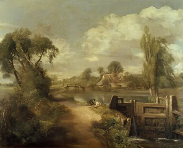 Flatford Lock (1856) by John Constable — original painting reproduced as a hand-painted oil on canvas