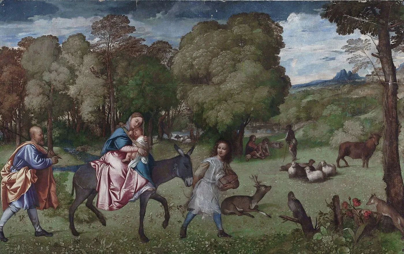 Flight into Egypt (1508) by Titian — original painting reproduced as a hand-painted oil on canvas