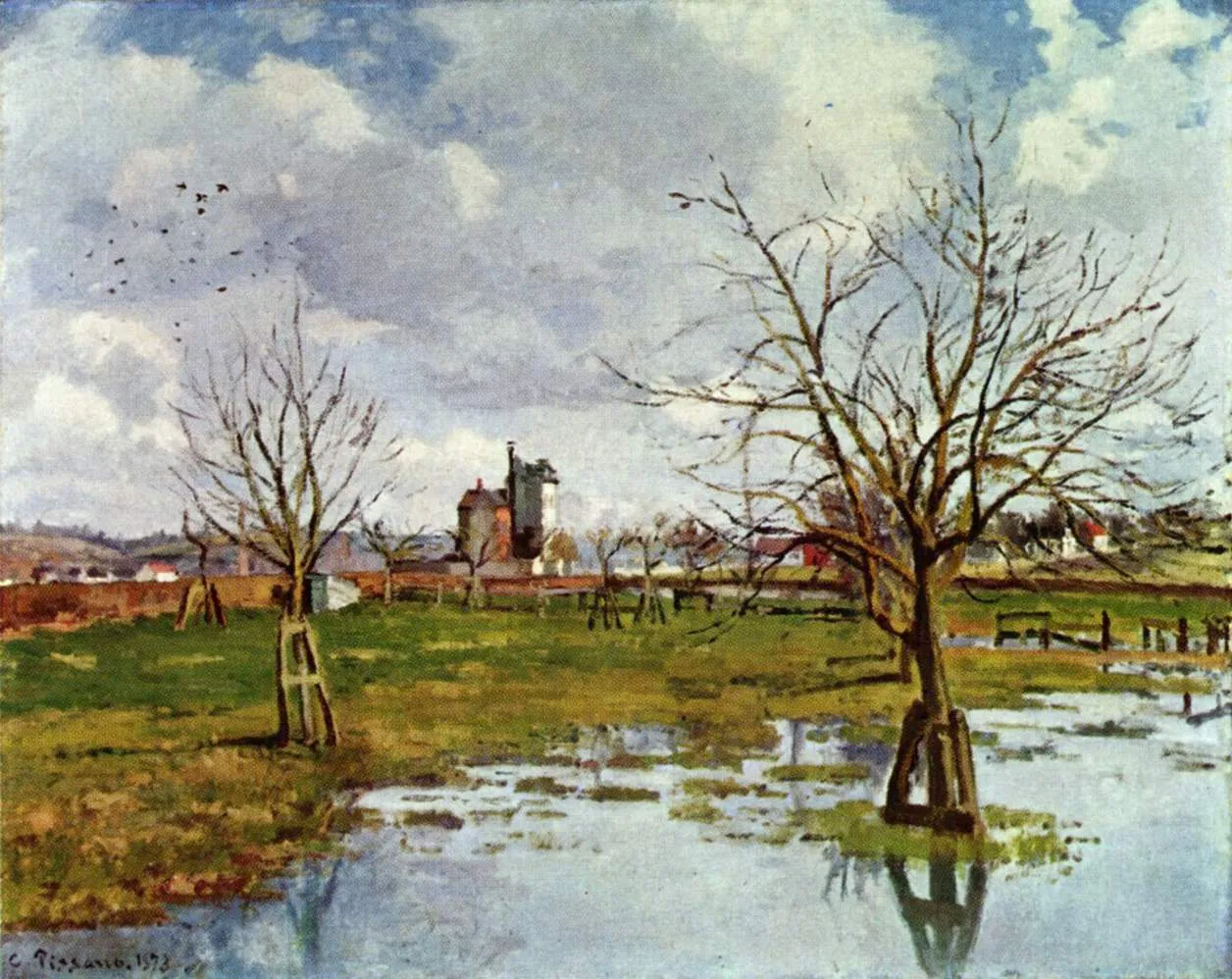 Flood at Saint-Ouen-L'Aumône (1873) by Camille Pissarro — original painting reproduced as a hand-painted oil on canvas