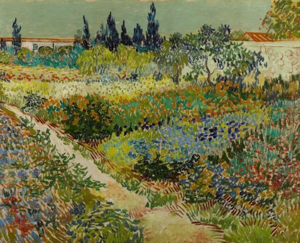 Flowering Garden with Path (1888) by Vincent van Gogh — original painting reproduced as a hand-painted oil on canvas