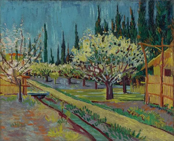 Flowering orchard, surrounded by cypress (1888) by Vincent van Gogh — original painting reproduced as a hand-painted oil on canvas