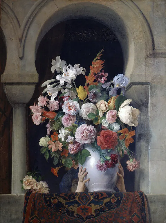 Flowers at the Window of the Harem (1881) by Francesco Hayez — original painting reproduced as a hand-painted oil on canvas