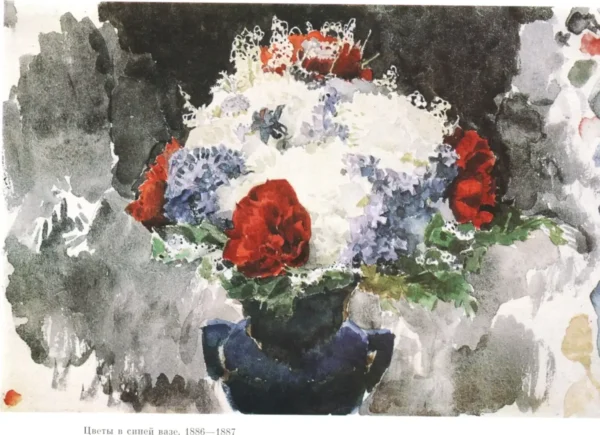 Flowers in Blue Vase (1887) by Mikhail Vrubel — original painting reproduced as a hand-painted oil on canvas
