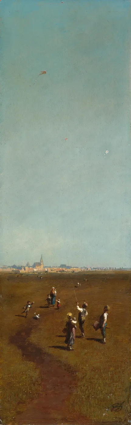 Flying kites (1880) by Carl Spitzweg — original painting reproduced as a hand-painted oil on canvas