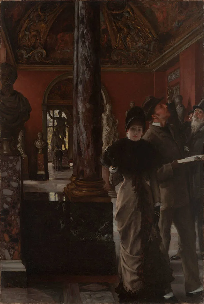 Foreign Visitors at the Louvre (1884) by James Tissot — original painting reproduced as a hand-painted oil on canvas