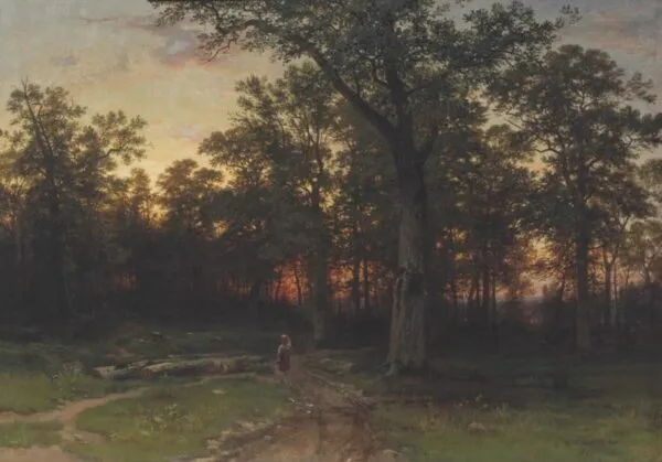 Forest in the evening (1868) by Ivan Shishkin — original painting reproduced as a hand-painted oil on canvas