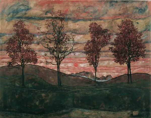 Four trees (1917) by Egon Schiele — original painting reproduced as a hand-painted oil on canvas