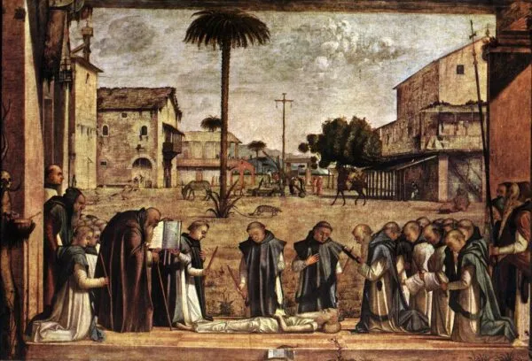 Funeral of St Jerome (1502) by Vittore Carpaccio — original painting reproduced as a hand-painted oil on canvas
