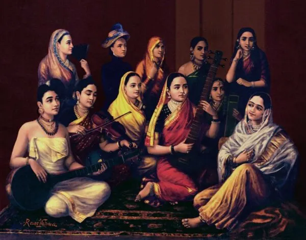 Galaxy of Musicians (1889) by Raja Ravi Varma — original painting reproduced as a hand-painted oil on canvas