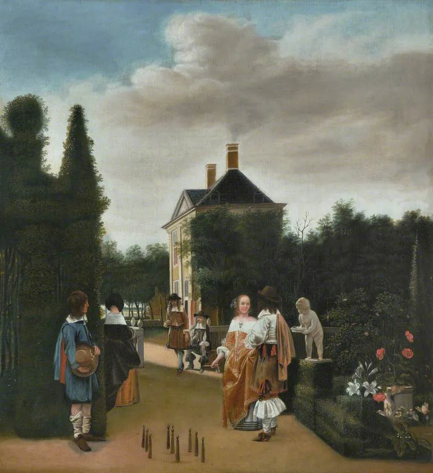 Game of Skittles by Pieter de Hooch — original painting reproduced as a hand-painted oil on canvas