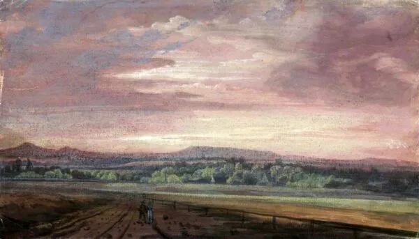 Giant Mountains at sunset (1810) by Caspar David Friedrich — original watercolour reproduced as a hand-painted oil on canvas