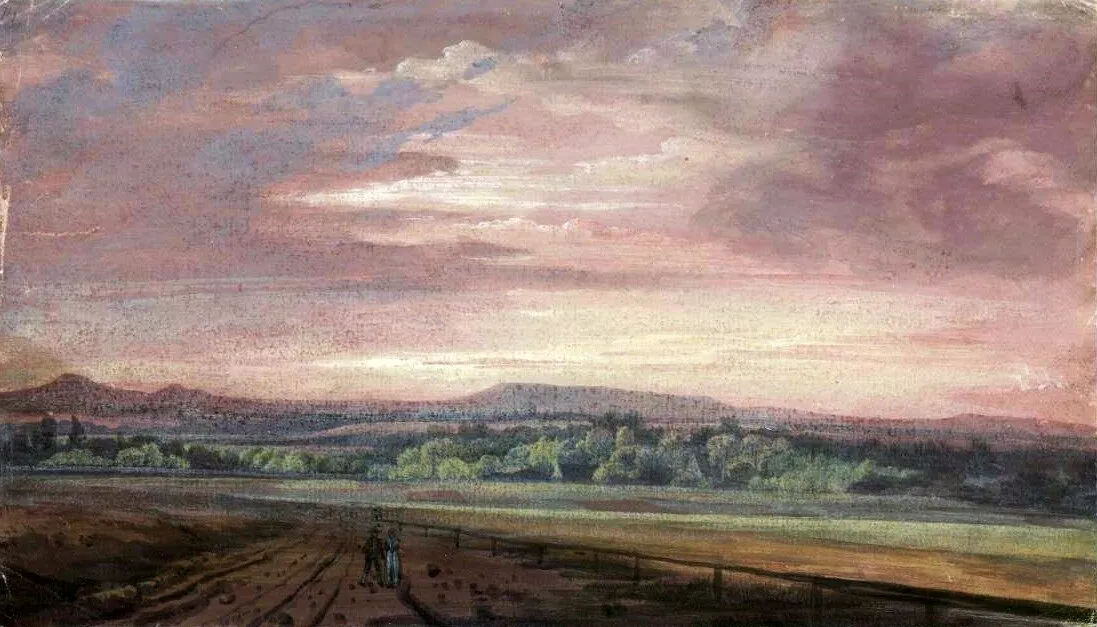 Giant Mountains at sunset (1810) by Caspar David Friedrich — original watercolour reproduced as a hand-painted oil on canvas