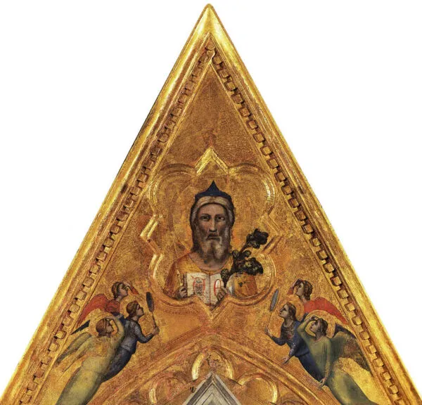 Giotto, eternal and angels, perhaps cornice of the baroncelli altarpiece (1328) by Giotto — original painting reproduced as a hand-painted oil on canvas
