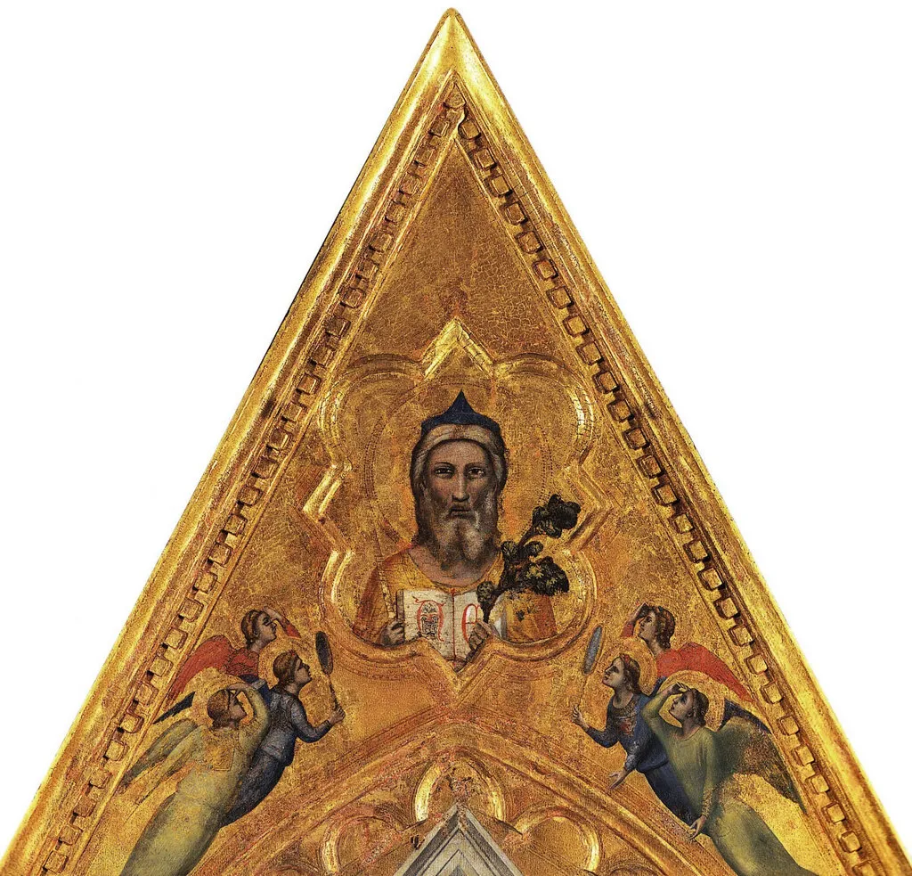 Giotto, eternal and angels, perhaps cornice of the baroncelli altarpiece (1328) by Giotto — original painting reproduced as a hand-painted oil on canvas