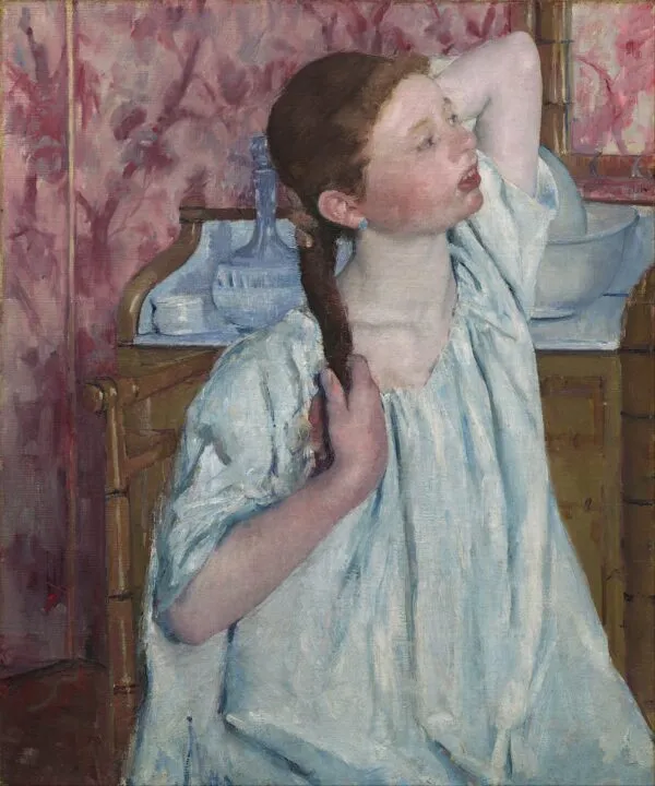 Girl Arranging Her Hair (1886) by Mary Cassatt — original painting reproduced as a hand-painted oil on canvas
