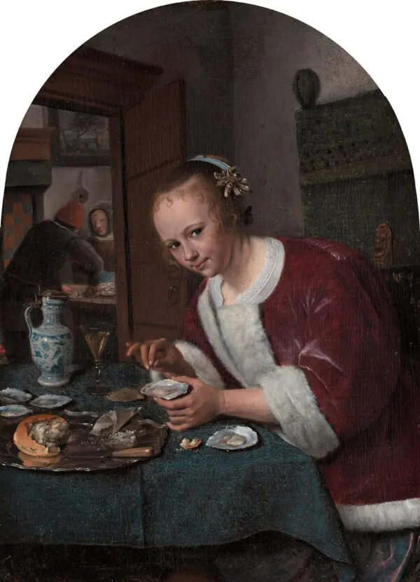 Girl eating oysters (1658) by Jan Steen — original painting reproduced as a hand-painted oil on canvas